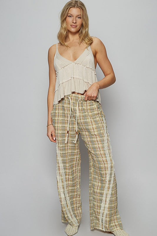 POL Lace Trim Drawstring Checkered Wide Leg Pants - Sydney So Sweet