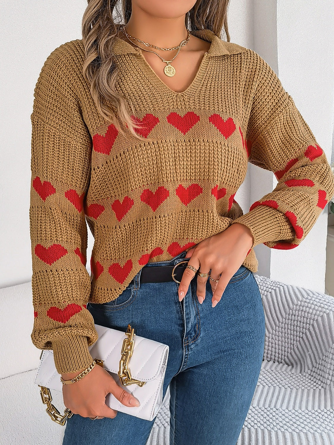 Heart Johnny Collar Long Sleeve Sweater - Sydney So Sweet