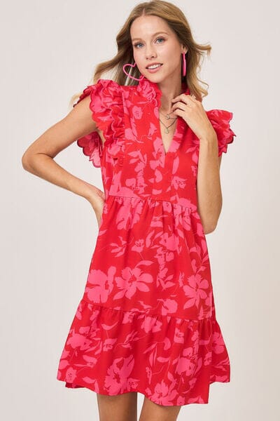 Umgee Full Size Two Tone Floral Print Ruffle Cap Sleeve Mini Dress Plus Size - Sydney So Sweet