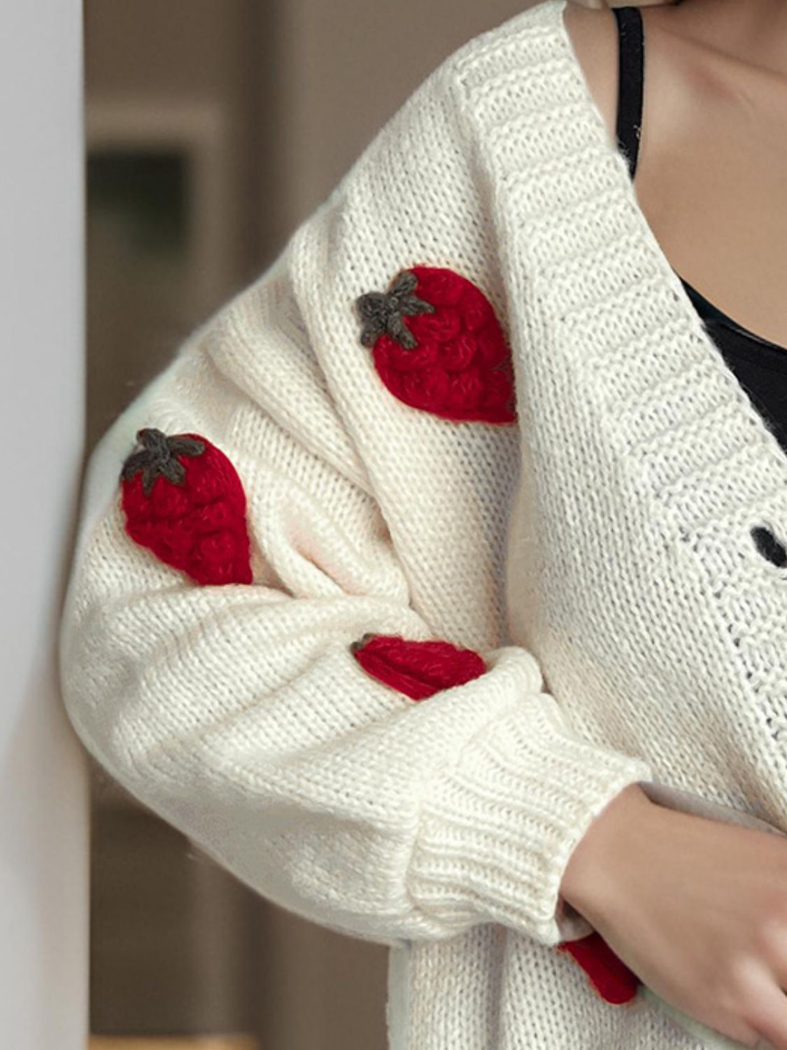 Crochet Strawberry V-Neck Long Sleeve Cardigan - Sydney So Sweet