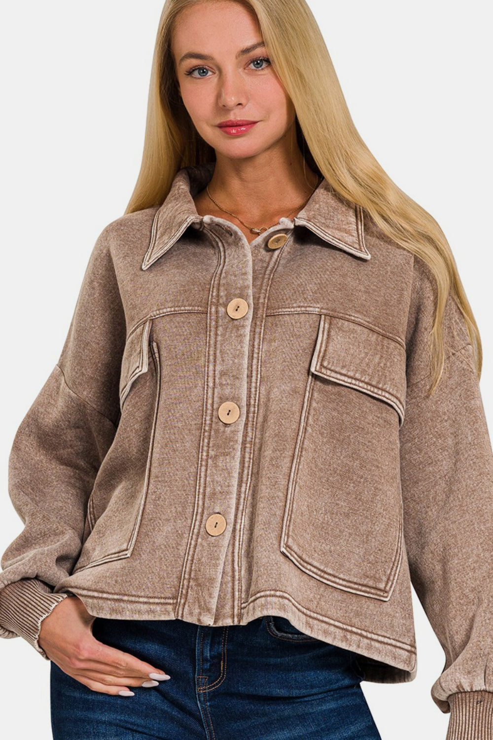 Zenana Wash Fleece Front Pocket Button Up Shacket - Sydney So Sweet