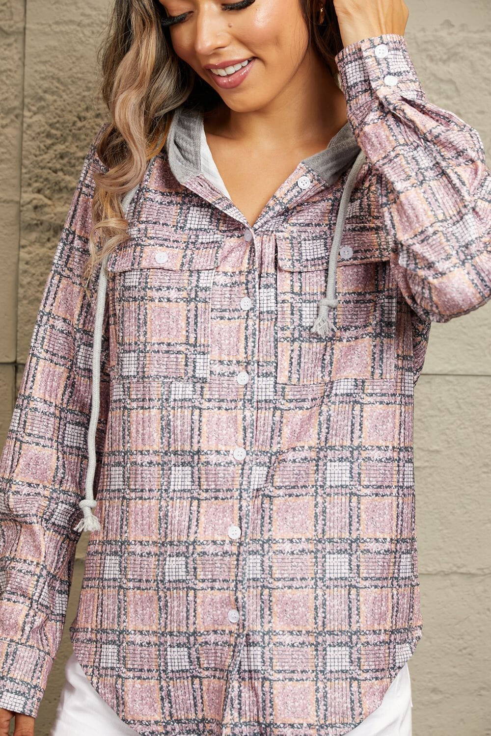 Double Take Plaid Long Sleeve Hooded Jacket - Sydney So Sweet