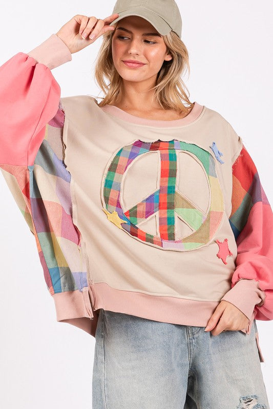 SAGE + FIG Full Size Contrast Peace Patch Dropped Shoulder Sweatshirt - Sydney So Sweet