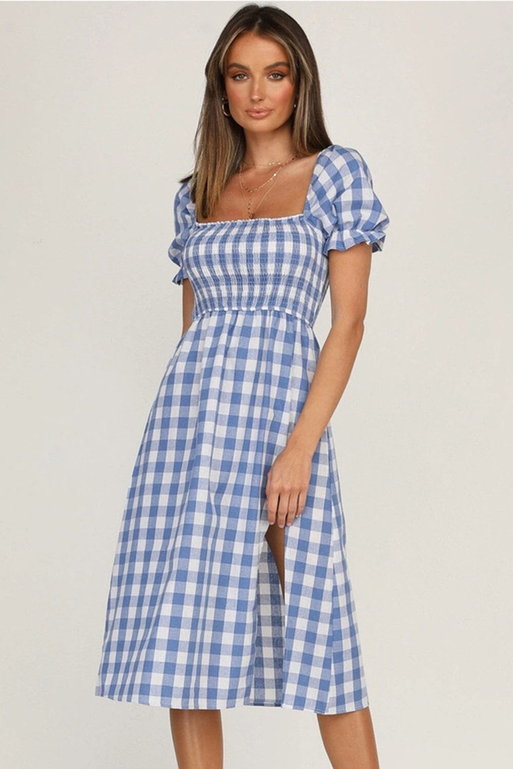 Full Size Slit Plaid Short Sleeve Midi Dress - Sydney So Sweet