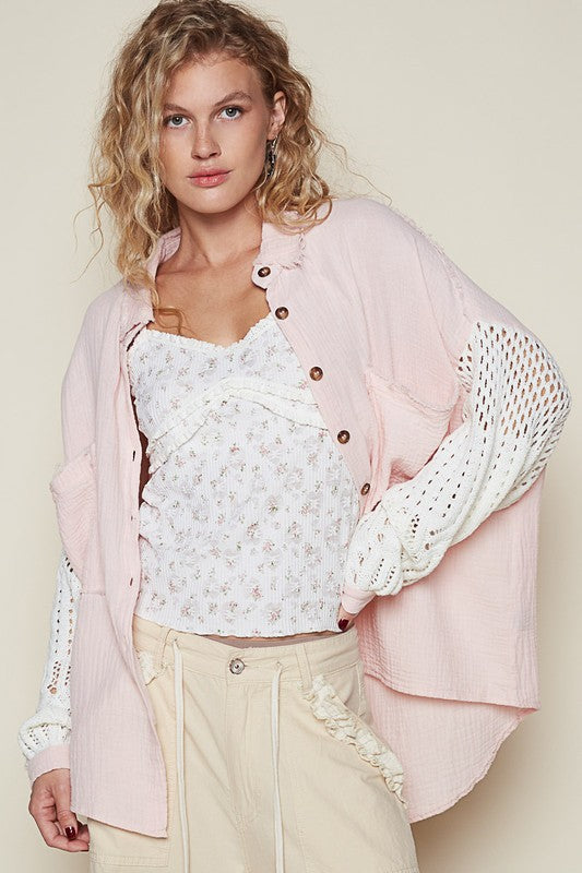 POL Openwork Lantern Sleeve Button Down Gauze Shirt - Sydney So Sweet