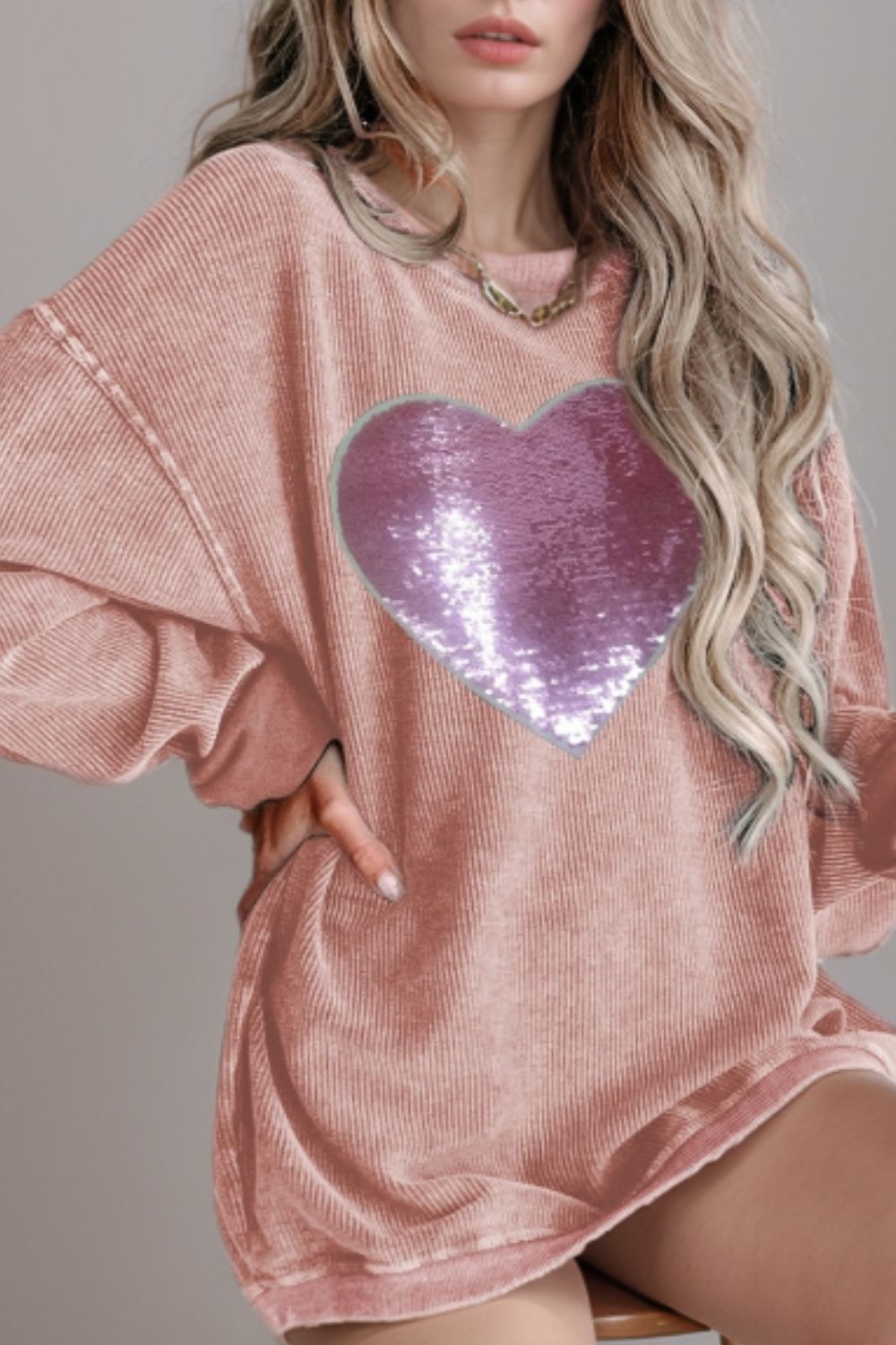 Valentine’s Day Sequin Heart Round Neck Long Sleeve Sweatshirt - Sydney So Sweet