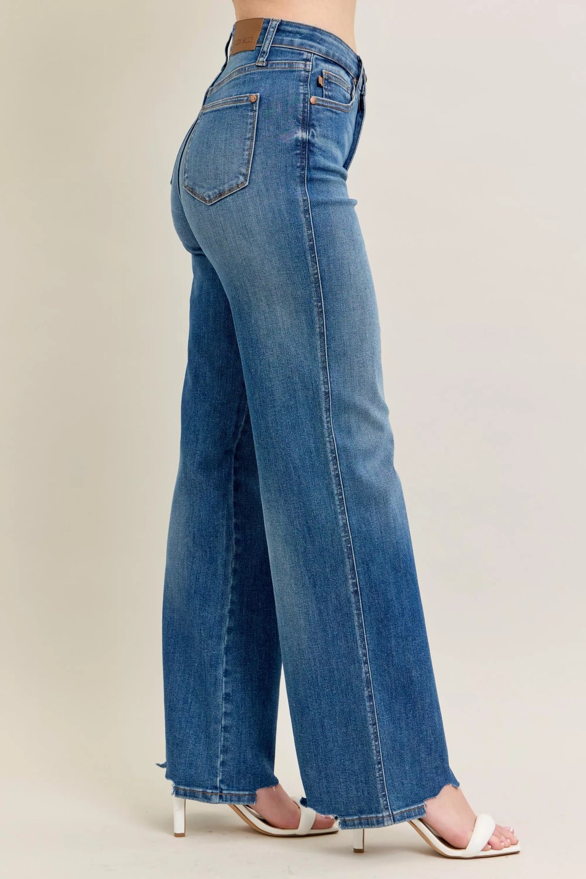 Judy Blue Full Size High Waist Tummy Control Chew Hem Destroy Wide Jeans Plus Size - Sydney So Sweet