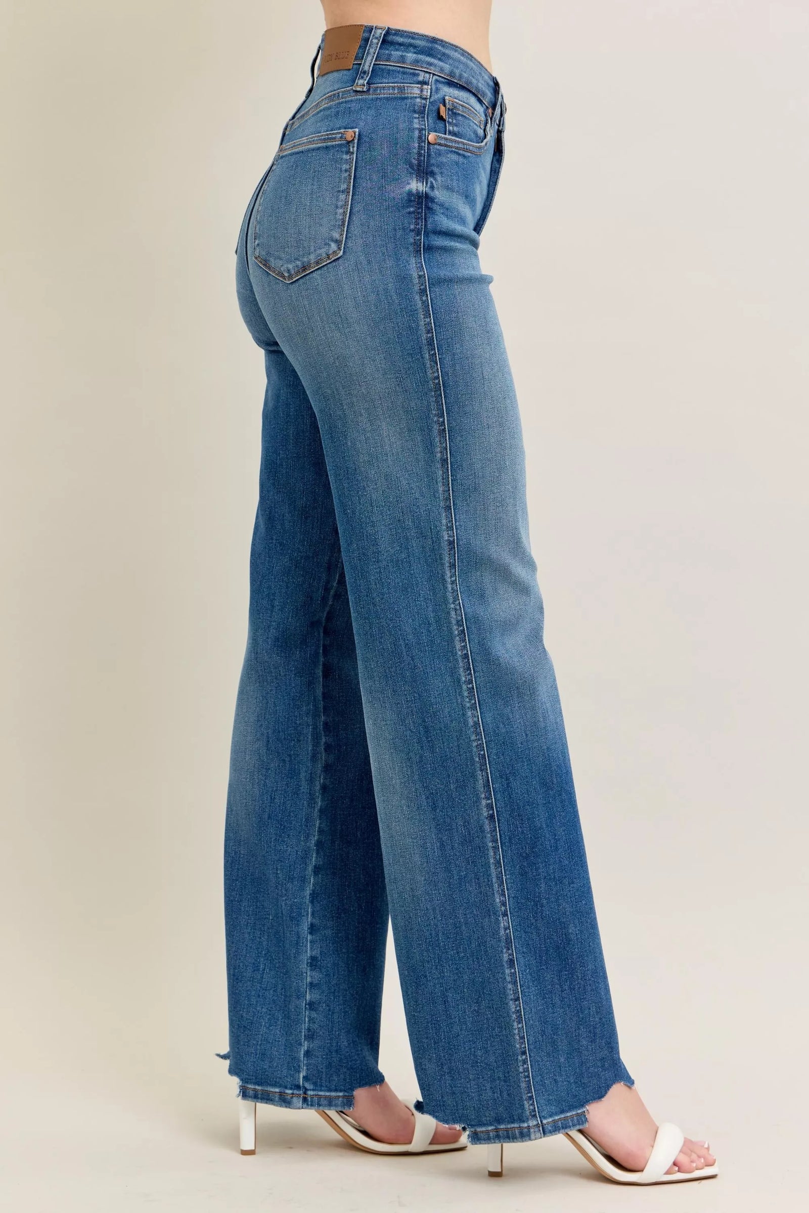 Judy Blue Full Size High Waist Tummy Control Chew Hem Destroy Wide Jeans Plus Size - Sydney So Sweet