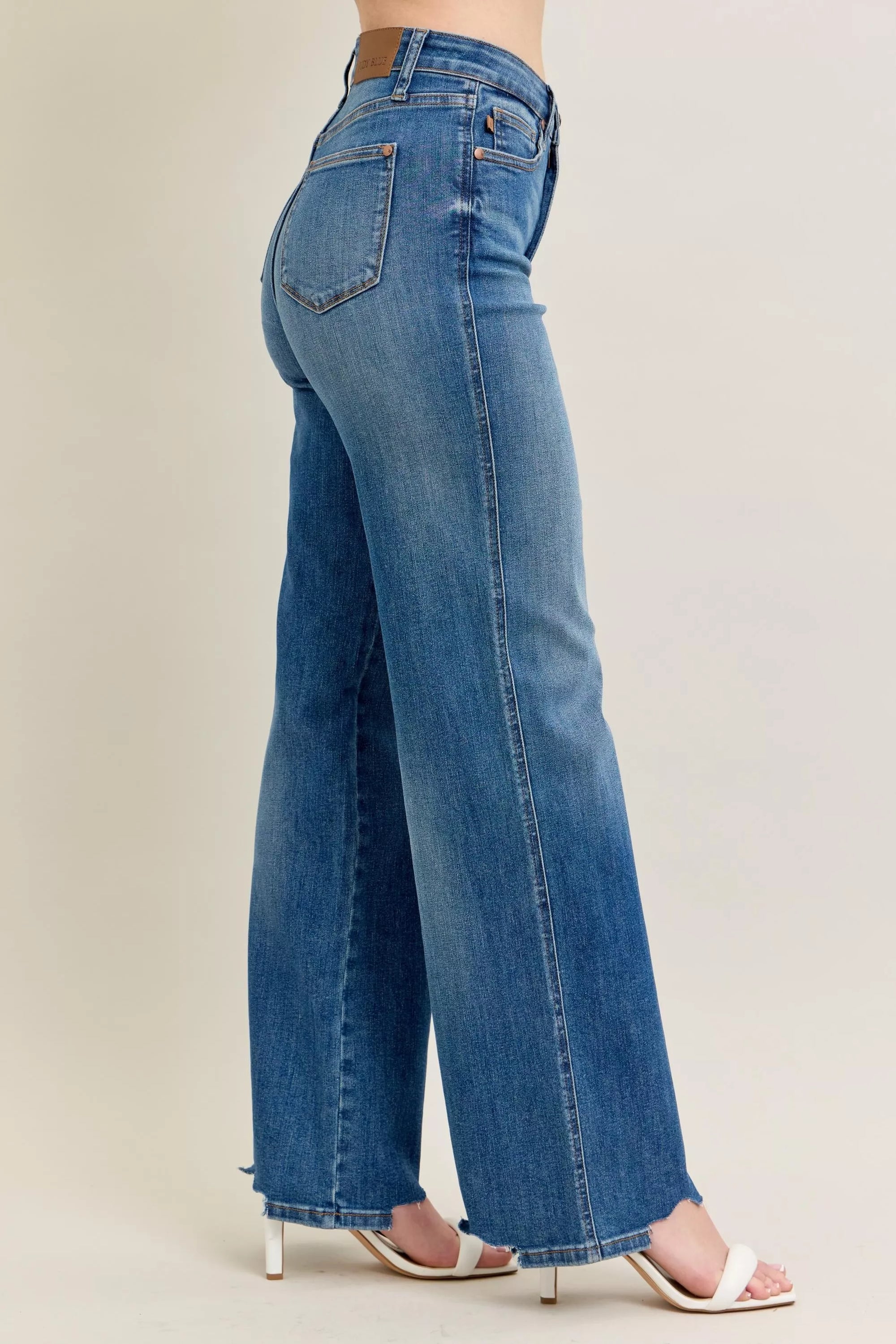 Judy Blue Full Size High Waist Tummy Control Chew Hem Destroy Wide Jeans Plus Size - Sydney So Sweet