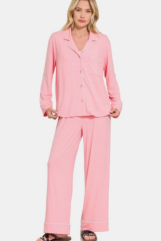 Zenana Button Down Long Sleeve Top and Pants Lounge Set - Sydney So Sweet