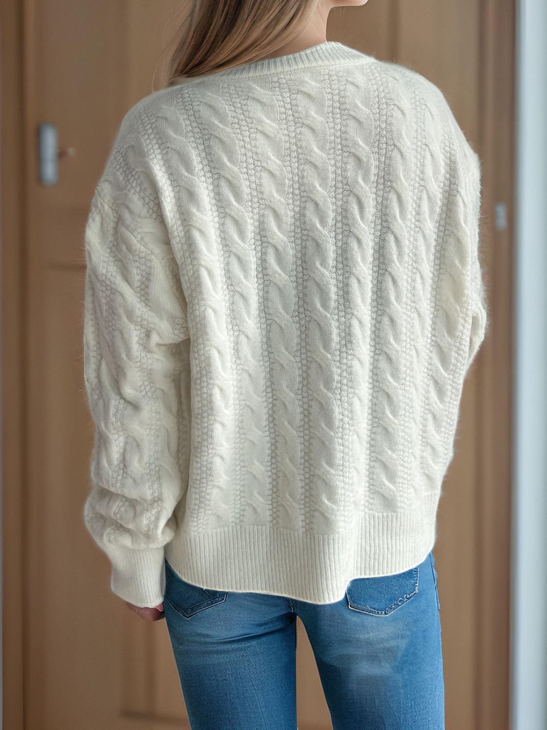 Cable-Knit Round Neck Long Sleeve Cardigan - Sydney So Sweet