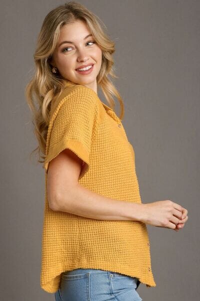 Umgee Full Size Waffle-Knit Short Sleeve Button Down Shirt Plus Size Yellow / M
