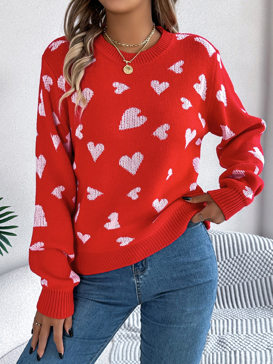 Heart Round Neck Long Sleeve Sweater - Sydney So Sweet