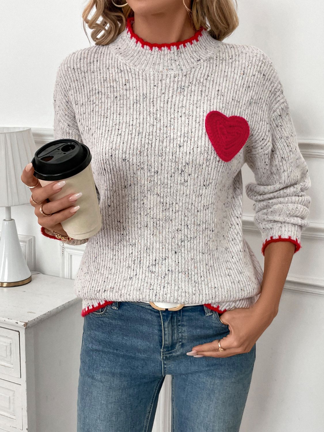 Perfee Contrast Heart Round Neck Long Sleeve Sweater - Sydney So Sweet