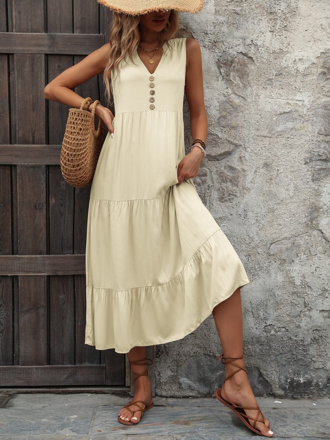 Decorative Button Notched Sleeveless Dress - Sydney So Sweet