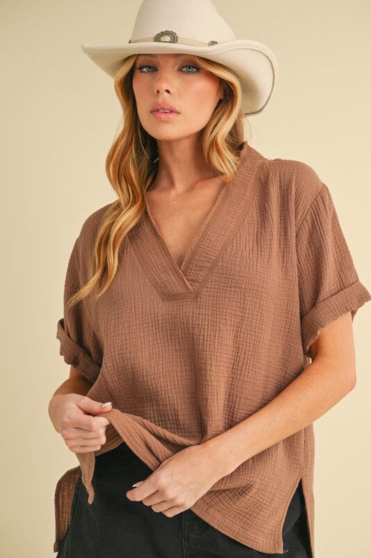 Aemi + Co Side Slit V-Neck Short Sleeve Blouse - Sydney So Sweet