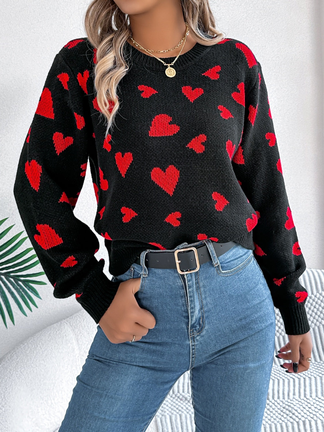 Heart Round Neck Long Sleeve Sweater - Sydney So Sweet