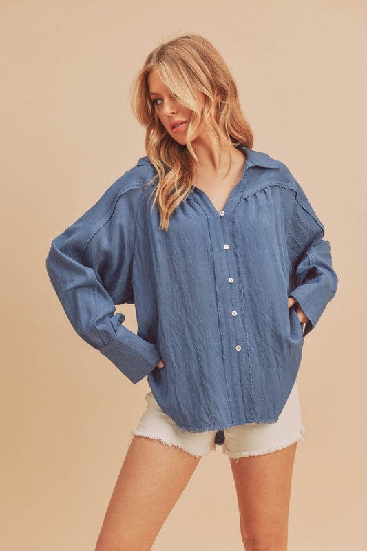 Aemi + Co Raw Hem Button Down Raglan Sleeve Shirt - Sydney So Sweet