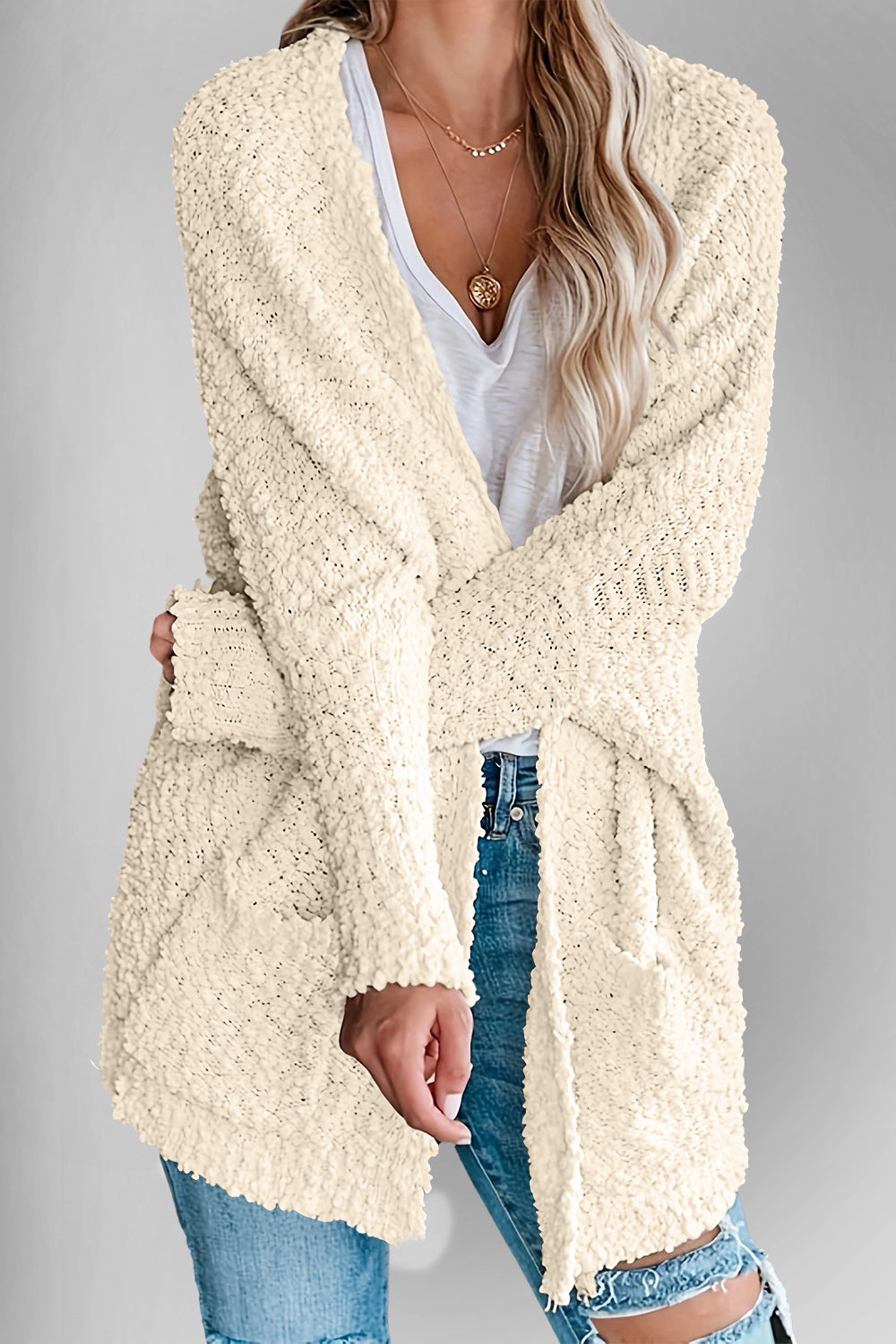 Double Take Pocketed Open Front Long Sleeve Cardigan Sweater - Sydney So Sweet