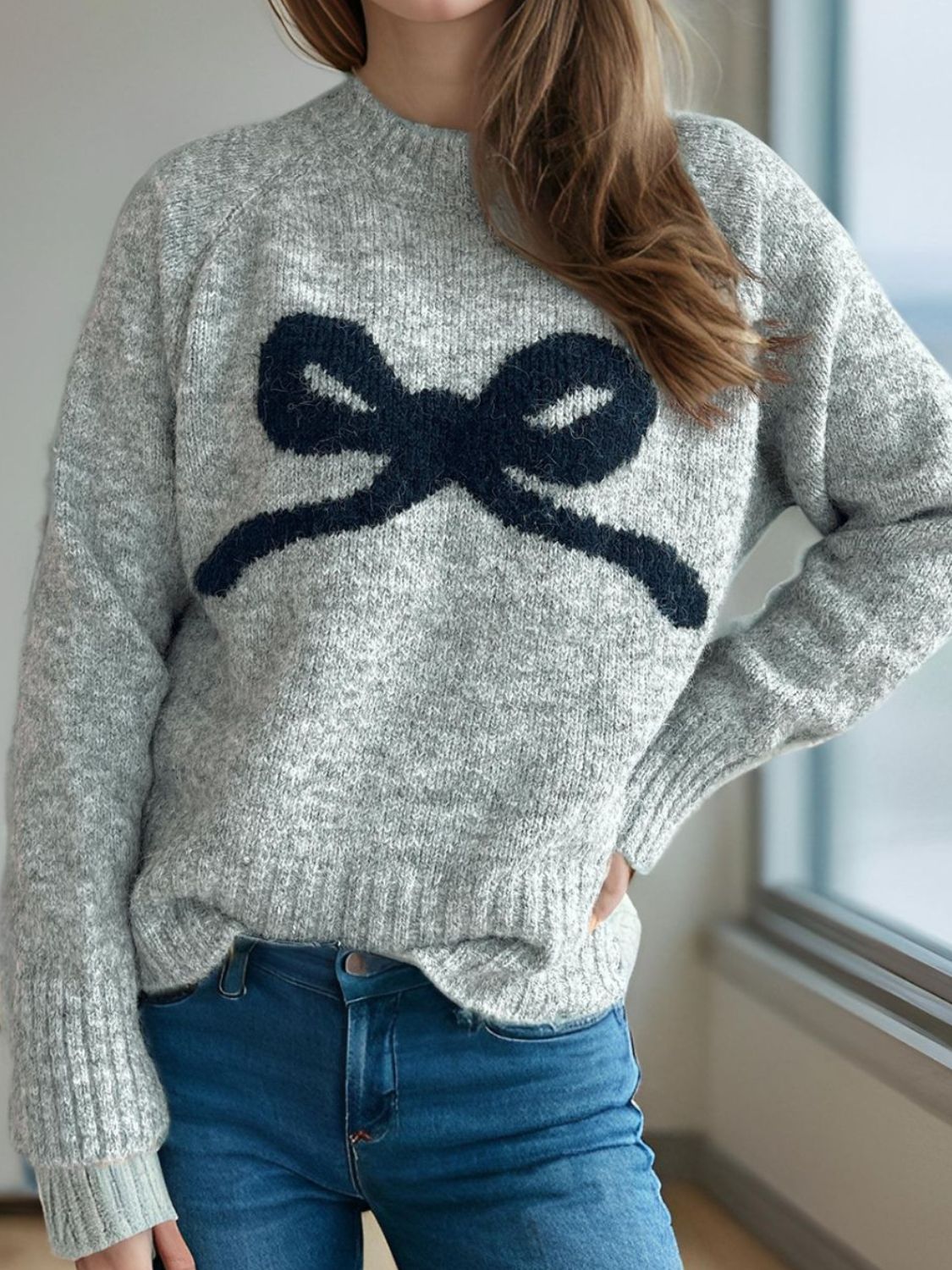 Bow Round Neck Long Sleeve Sweater - Sydney So Sweet