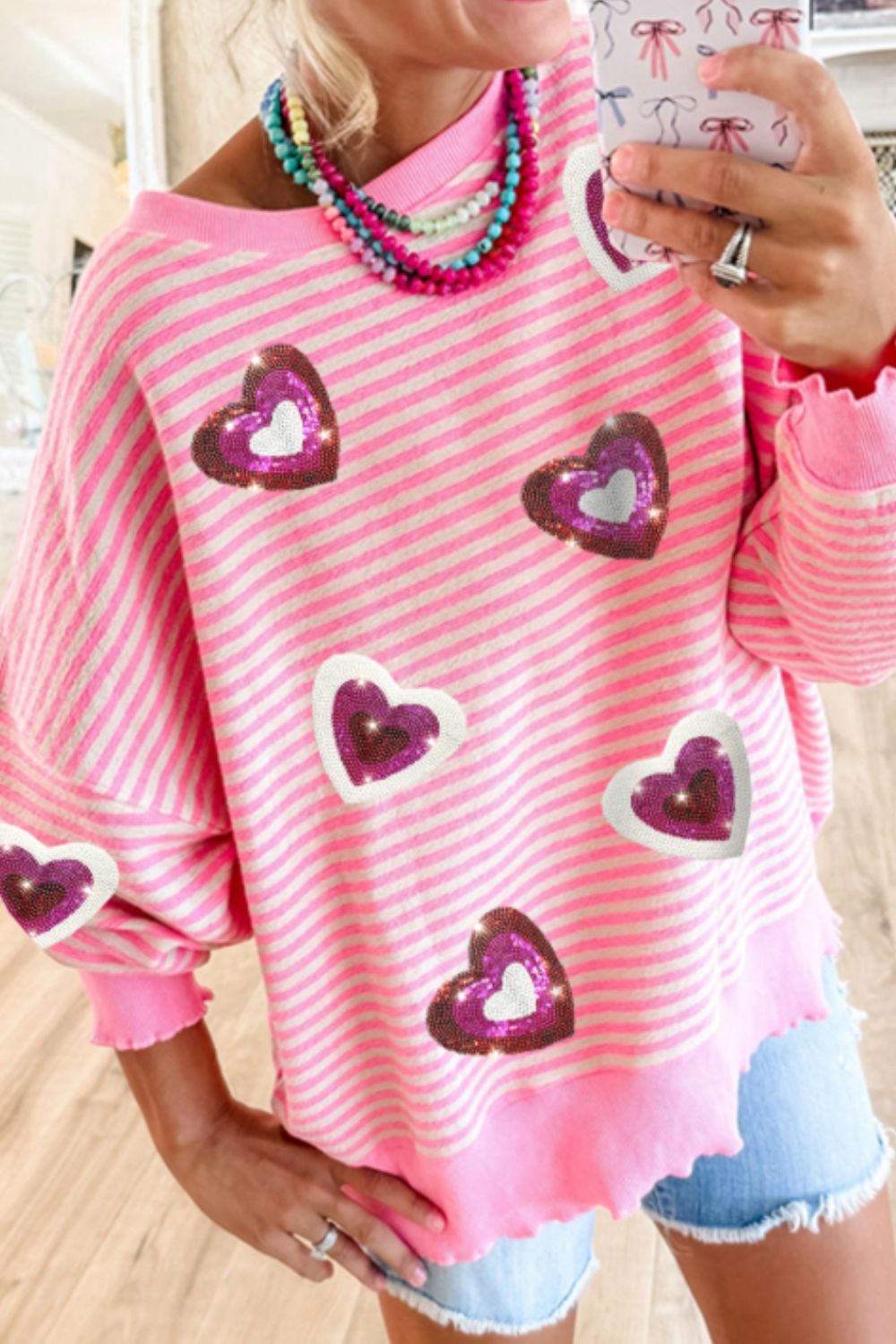 Valentine’s Day Sequin Heart Striped Round Neck Long Sleeve Sweatshirt - Sydney So Sweet