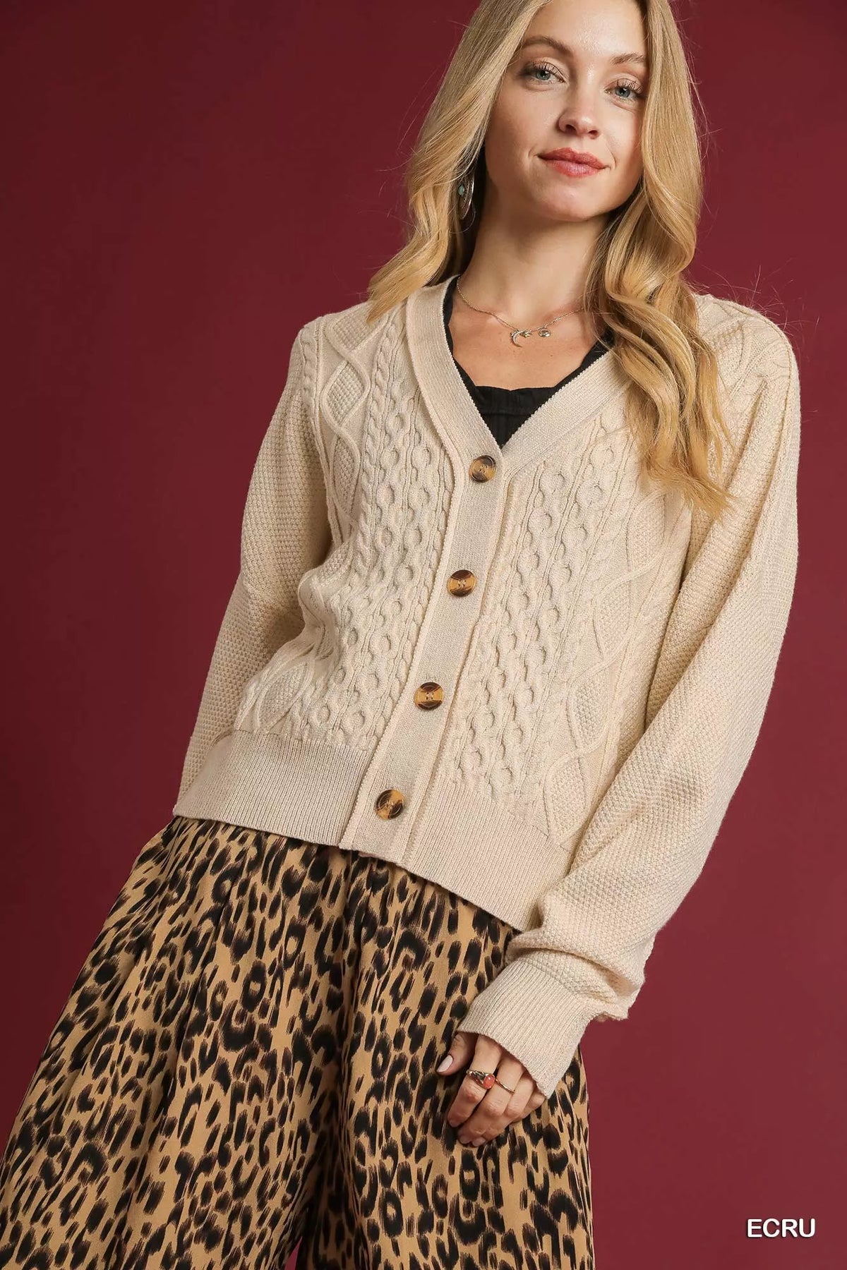 Umgee Chunky Cable Knit V-Neck Button-Up Cardigan - Sydney So Sweet
