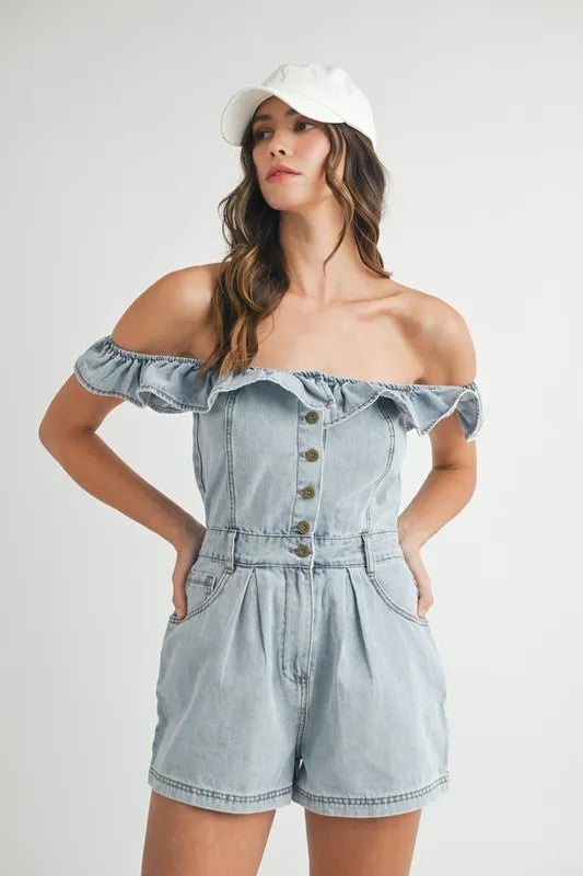 MABLE Off Shoulder Ruffle Detail Denim Romper - Sydney So Sweet
