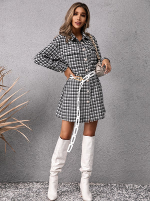 Pocketed Plaid Long Sleeve Mini Dress - Sydney So Sweet