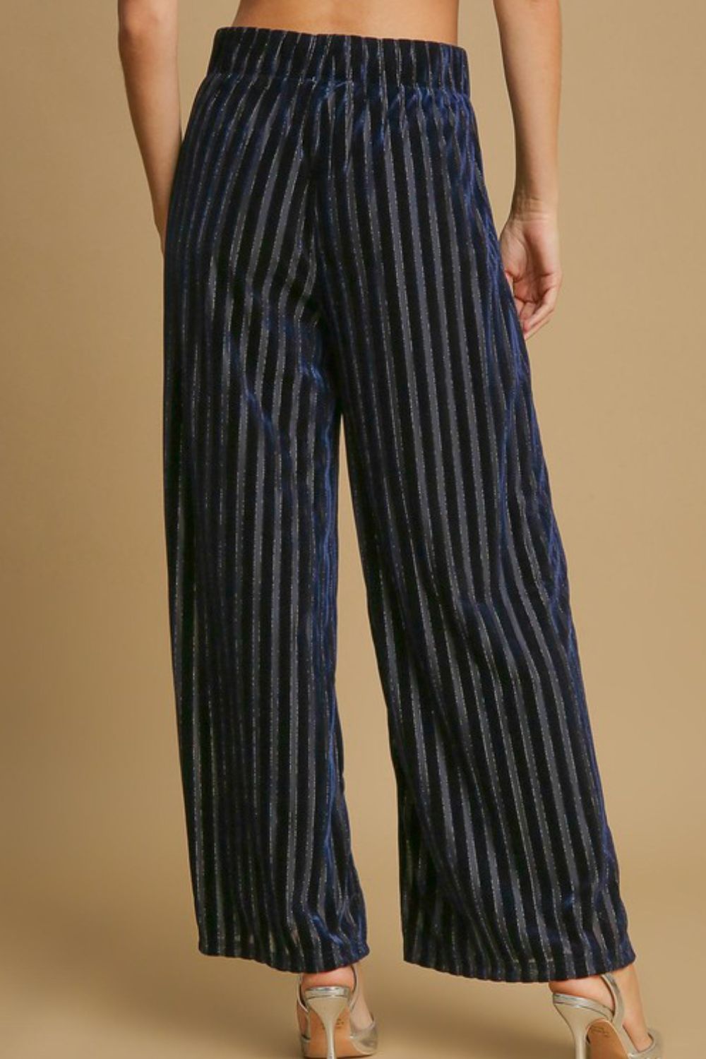 Umgee Full Size Elastic Waist Striped Wide Leg Velvet Pants - Sydney So Sweet