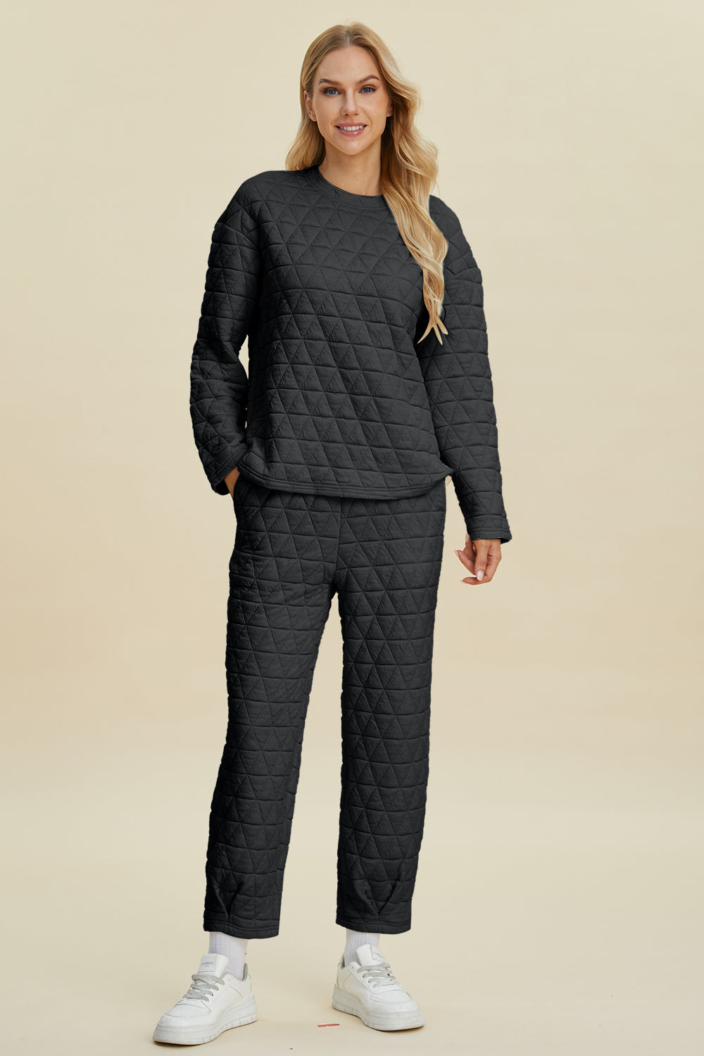 Double Take Full Size Texture Round Neck Long Sleeve Top and Pants Set - Sydney So Sweet