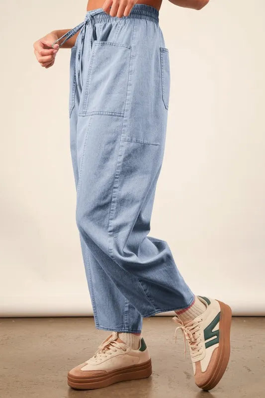 VERY J Washed Chambray Barrel Denim Pants - Sydney So Sweet