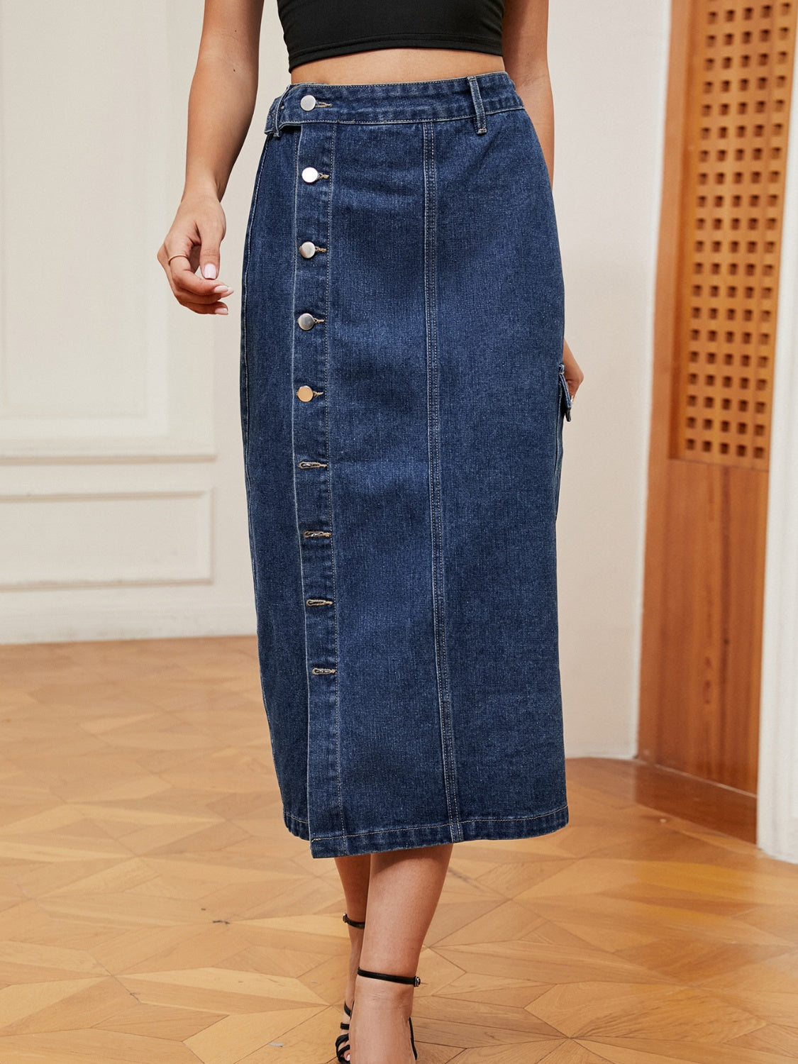 Button Down Midi Denim Skirt - Sydney So Sweet