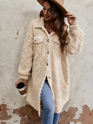 Fuzzy Button Up Dropped Shoulder Long Sleeve Coat - Sydney So Sweet