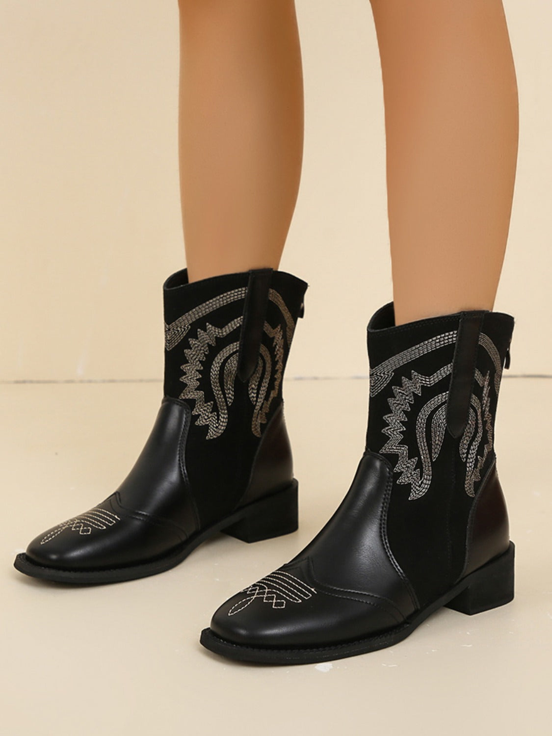 Embroidered PU Leather Block Heel Boots - Sydney So Sweet