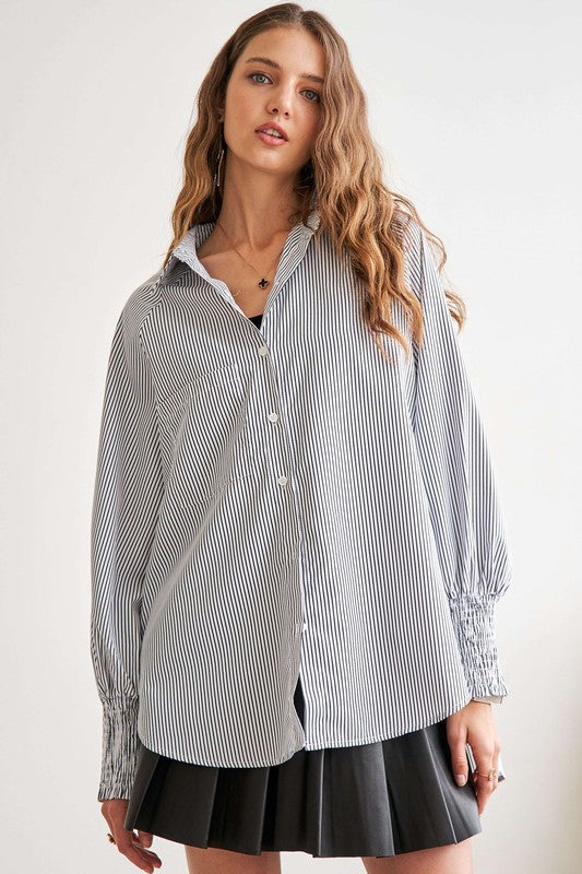 ADORA High-Low Striped Button Down Smocked Lantern Sleeve Shirt - Sydney So Sweet