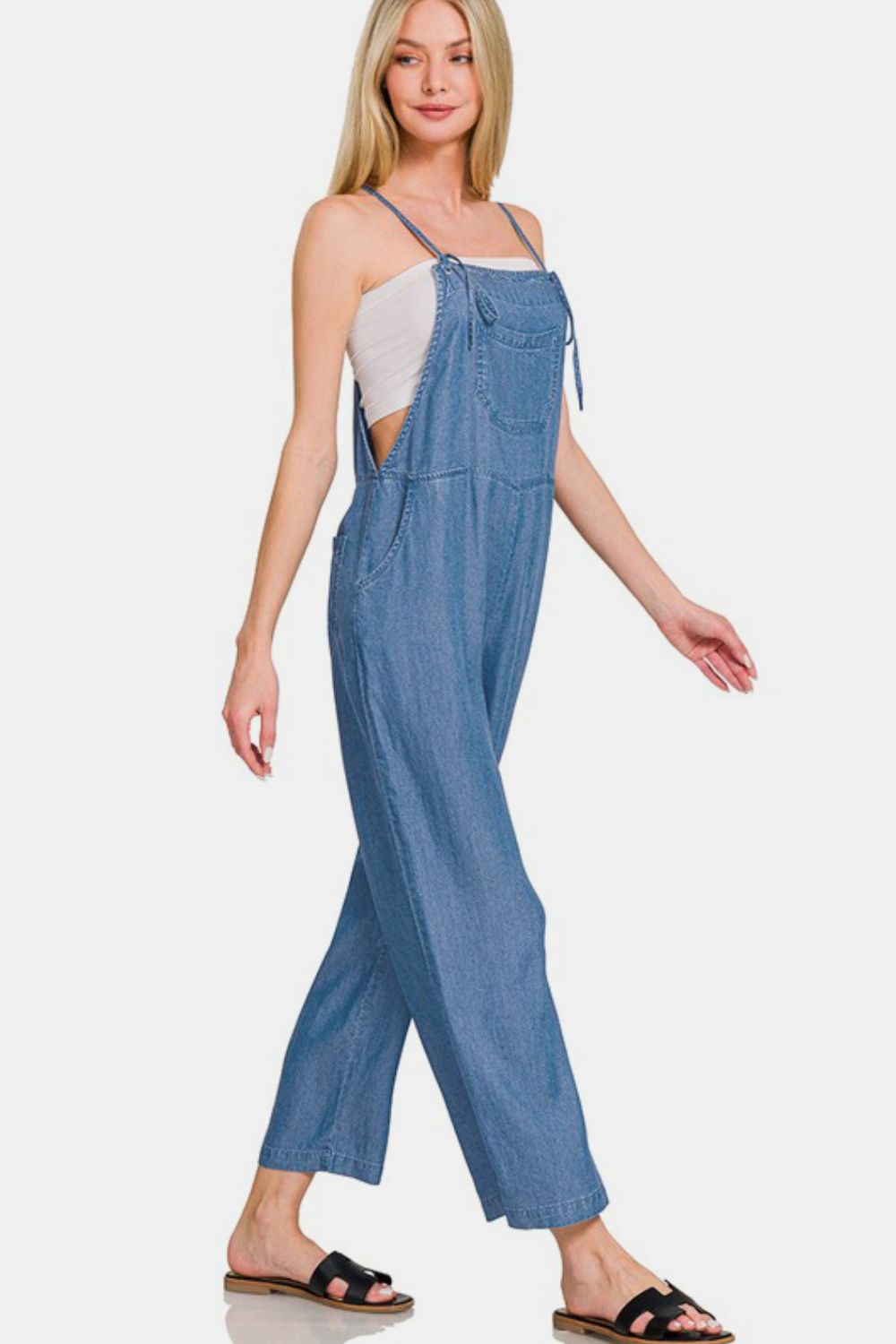 Zenana Washed Adjustable Strap Wide Leg Denim Overalls - Sydney So Sweet