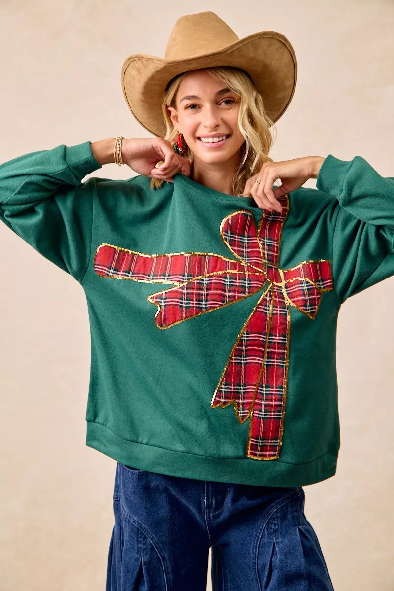 BiBi Plaid Ribbon Bow Detail Christmas Fleece Pullover - Sydney So Sweet