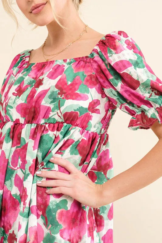 And The Why Smocked Floral Ruffle Short Sleeve Mini Dress - Sydney So Sweet