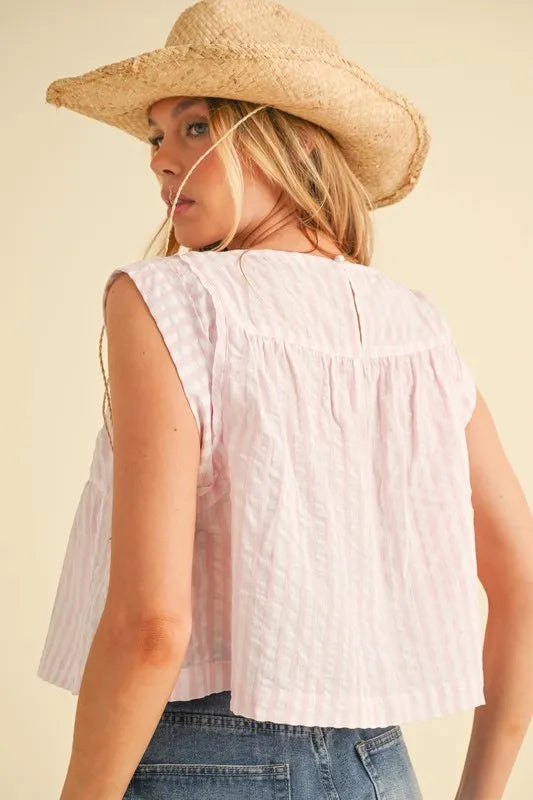 Aemi+Co Ruched Striped Round Neck Sleeveless Top - Sydney So Sweet