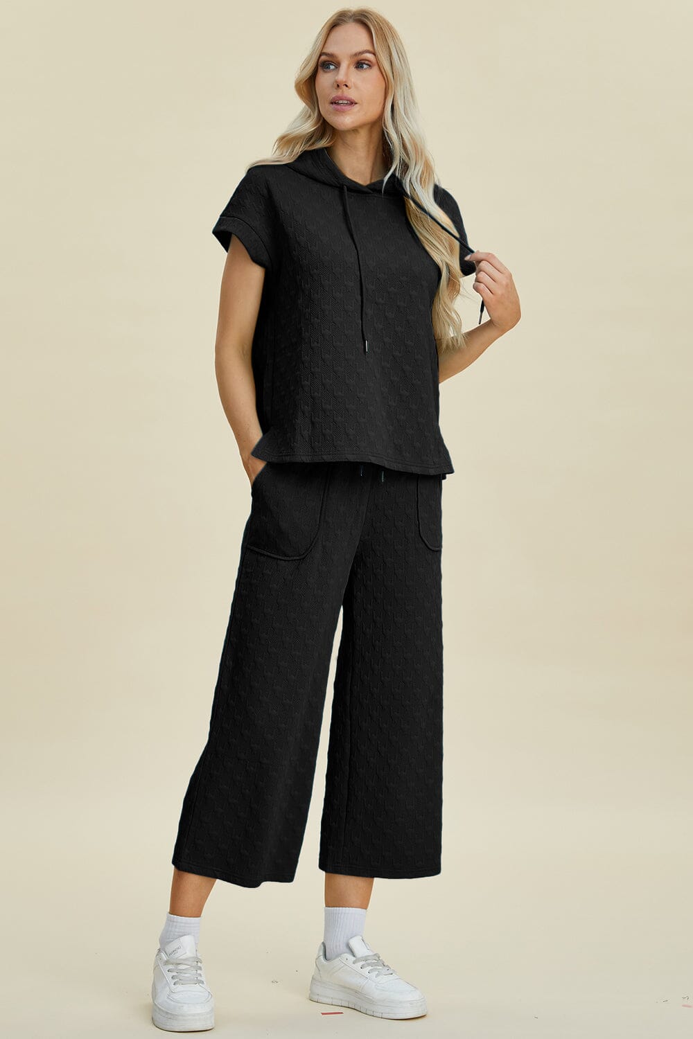 Double Take Full Size Texture Drawstring Short Sleeve Hoodie and Pocketed Pants Set - Sydney So Sweet