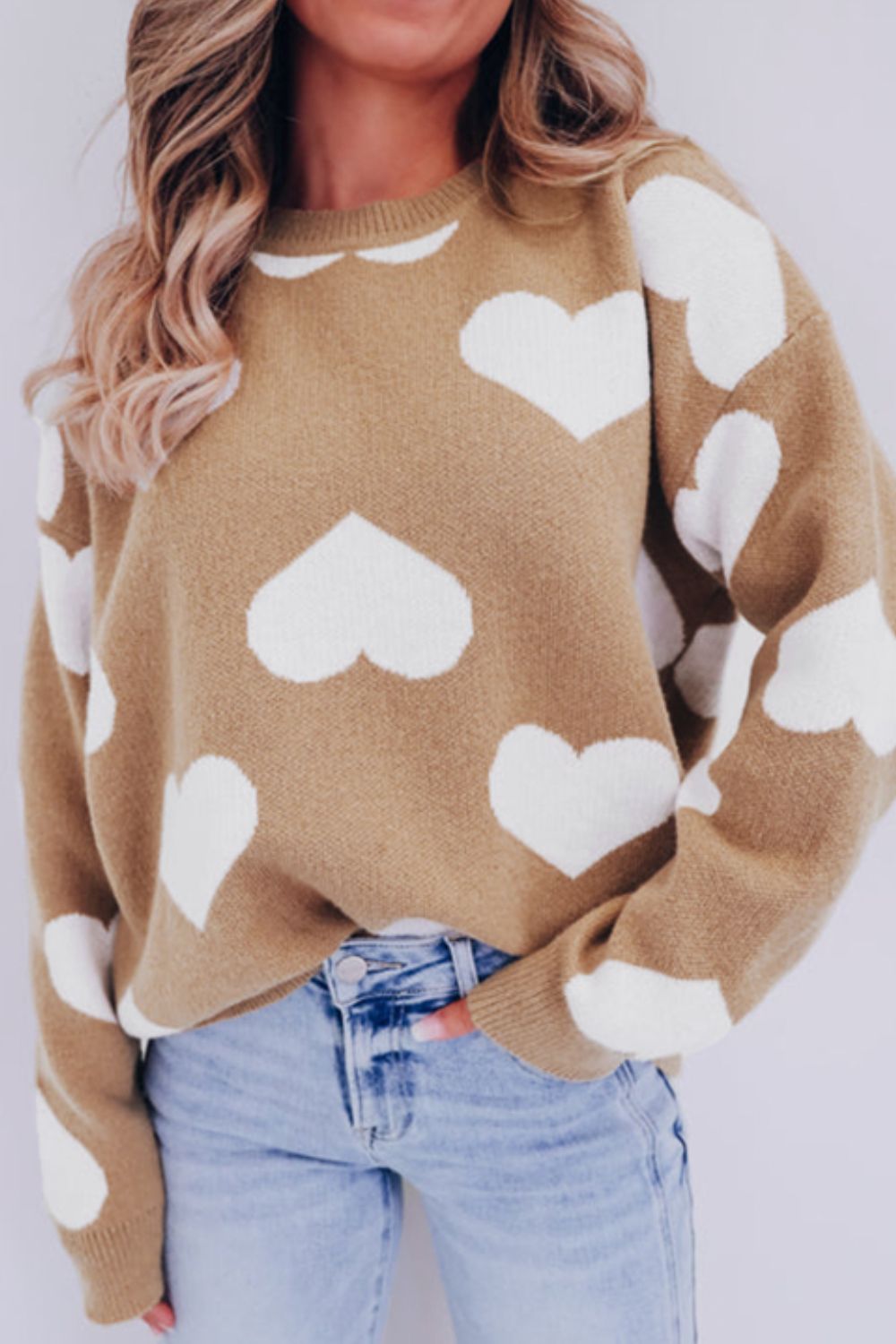 Heart Round Neck Long Sleeve Sweater - Sydney So Sweet