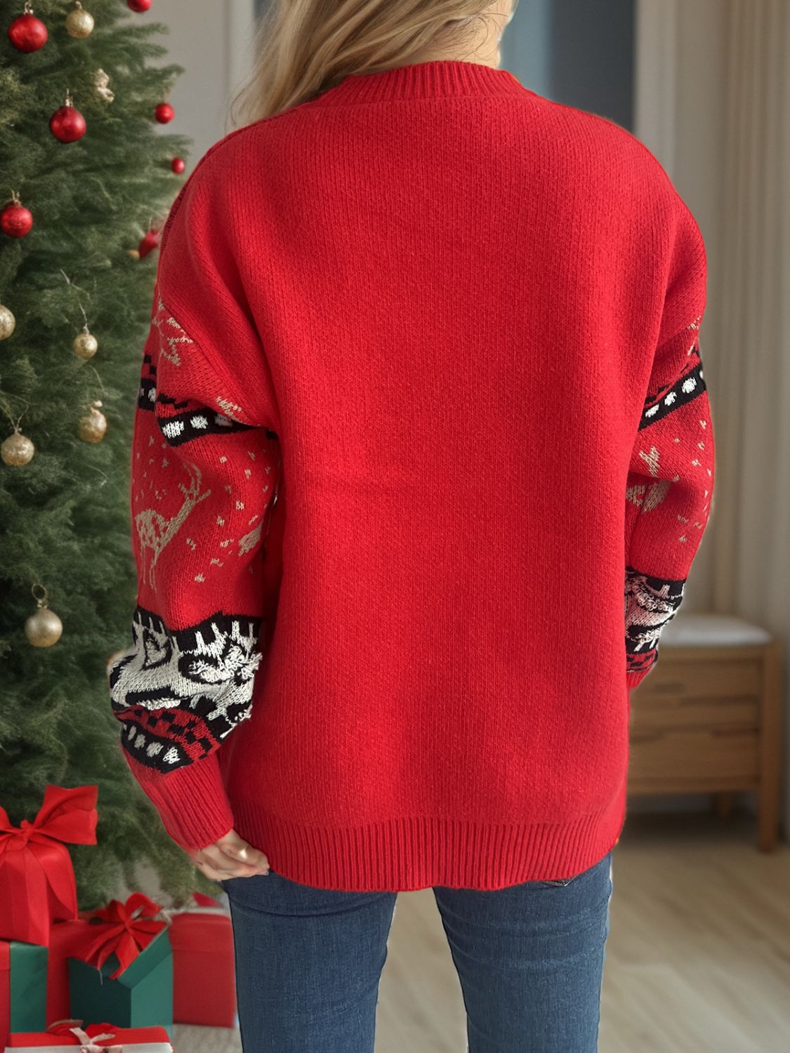 Christmas Element Round Neck Long Sleeve Sweater - Sydney So Sweet