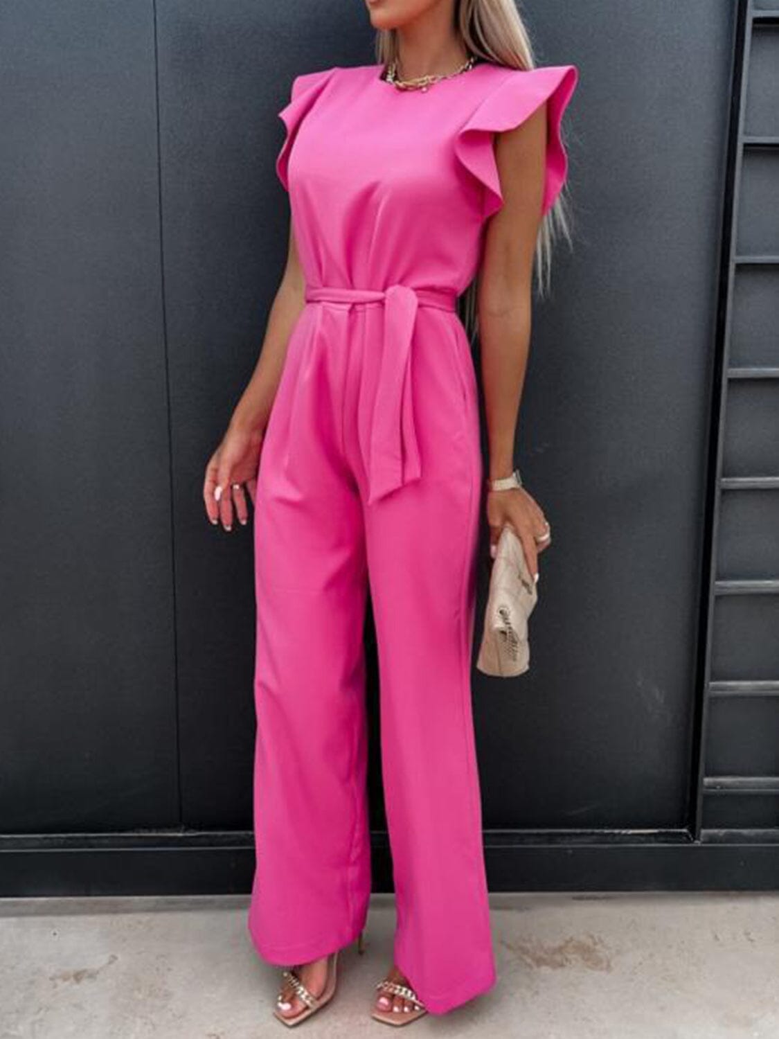 Ruffled Round Neck Cap Sleeve Jumpsuit - Sydney So Sweet