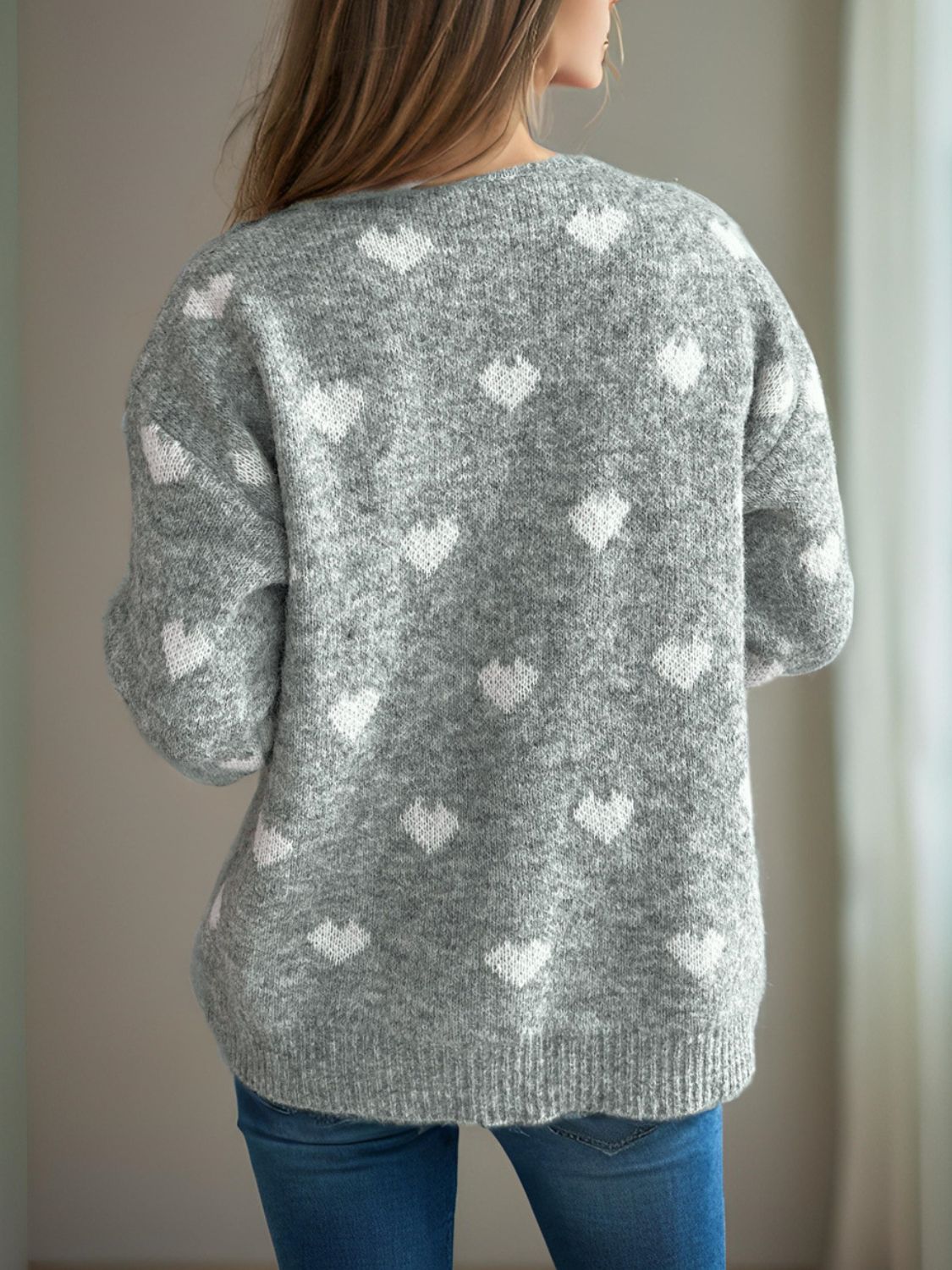 Heart Round Neck Long Sleeve Sweater - Sydney So Sweet