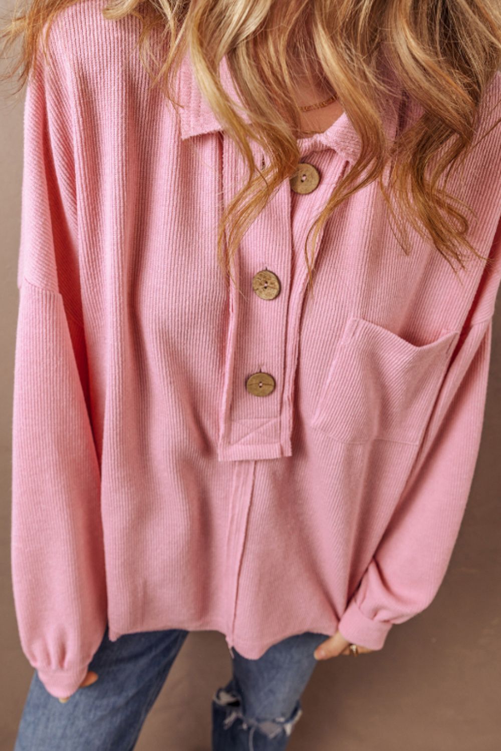 Pocketed Half Button Long Sleeve Sweatshirt Top - Sydney So Sweet