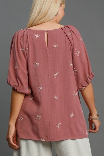 Umgee Full Size Linen Blend Ribbon Embroidered Top Plus Size - Sydney So Sweet