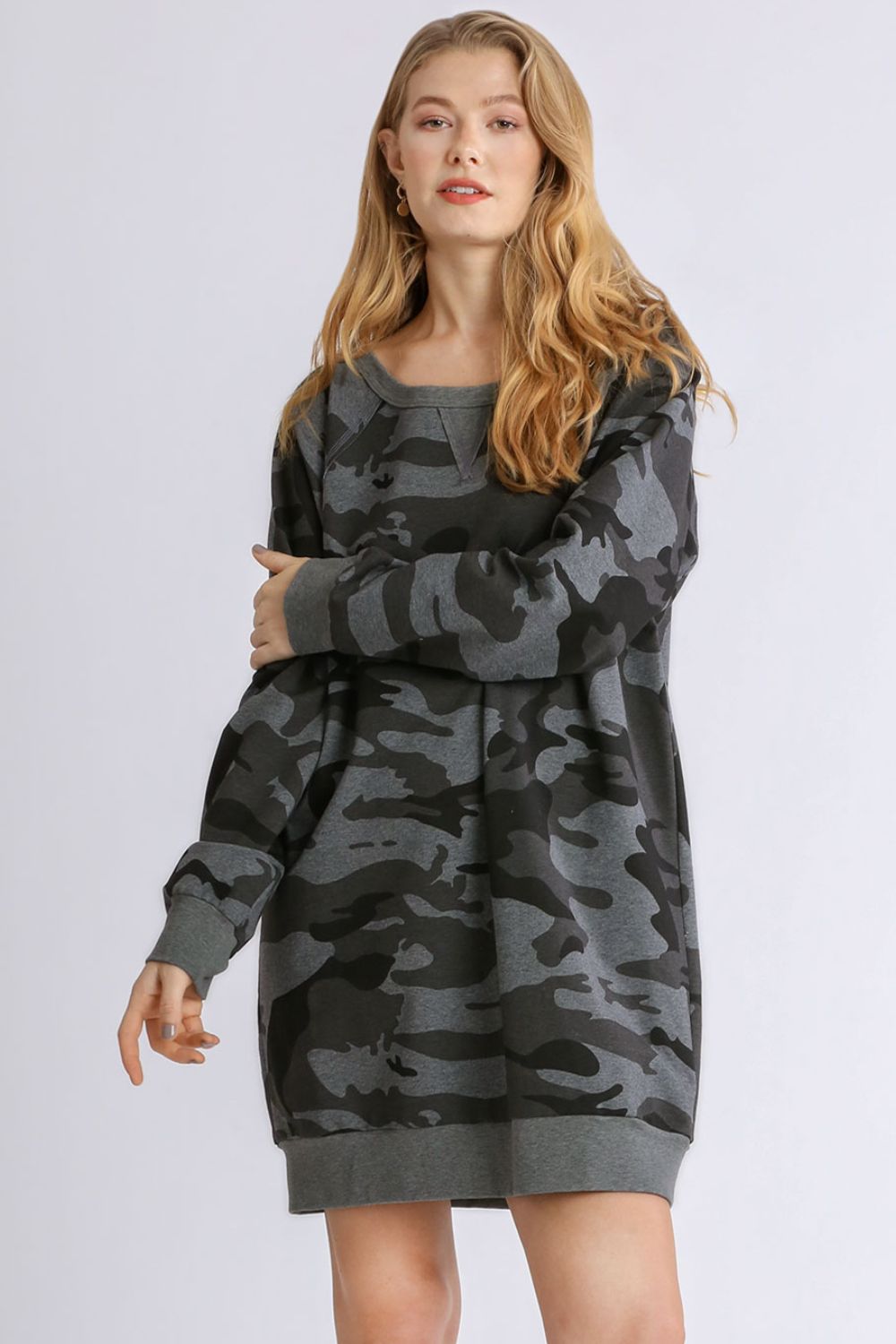Umgee Full Size Camo Print Ribbed Hem French Terry Mini Dress Plus Size - Sydney So Sweet