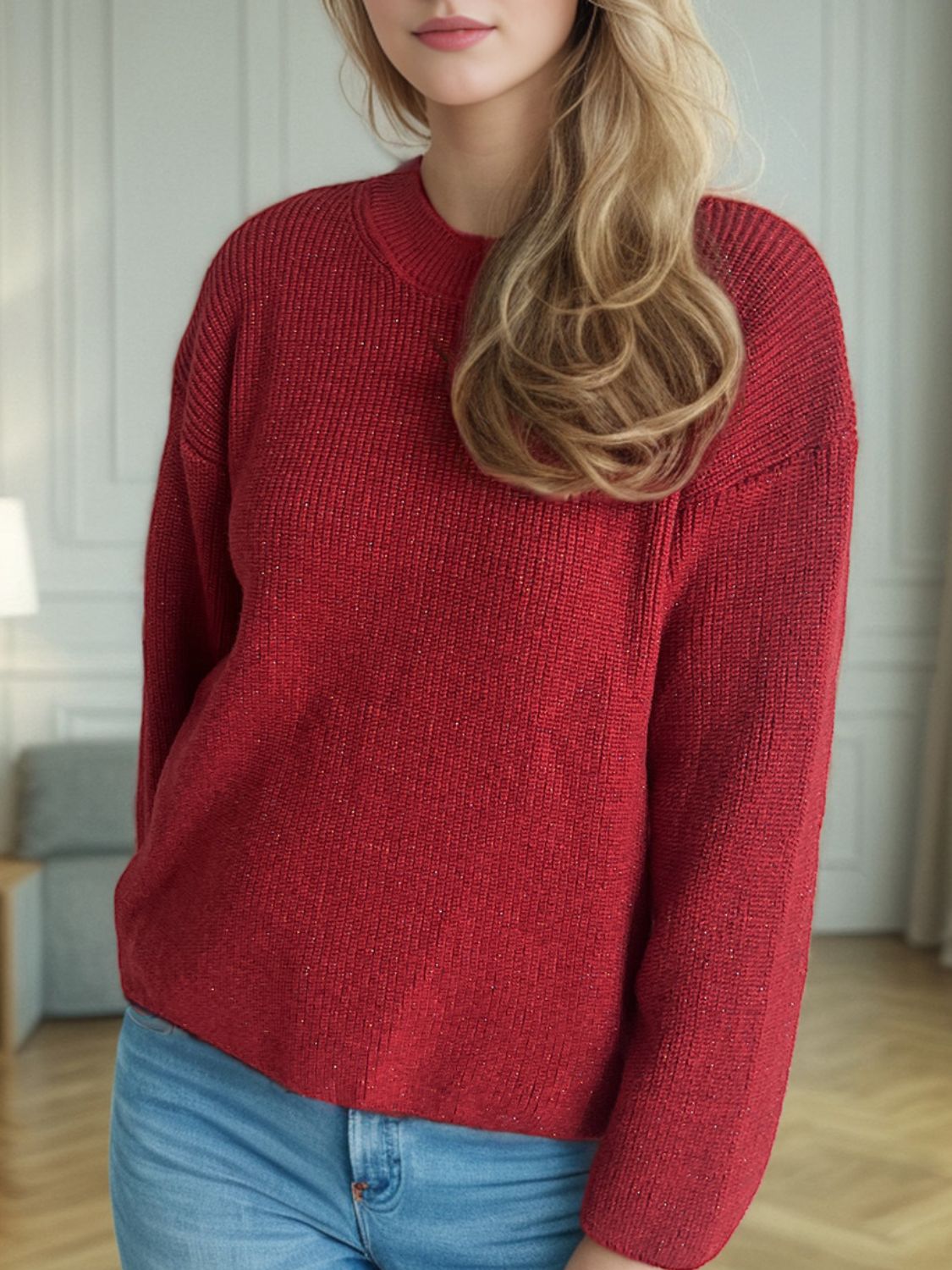 Solid Color Round Neck Long Sleeve Sweater - Sydney So Sweet