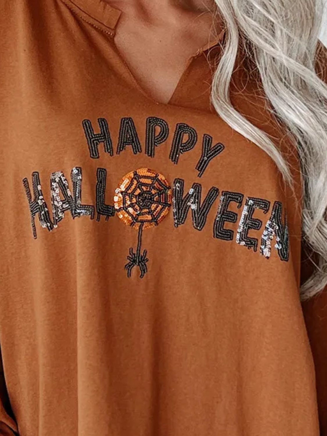 Happy Halloween Spider Women's Graphic Notched Long Sleeve Sweatshirt - Sydney So Sweet