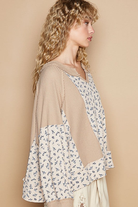 POL Waffle Knit Floral Notched Long Sleeve Top - Sydney So Sweet